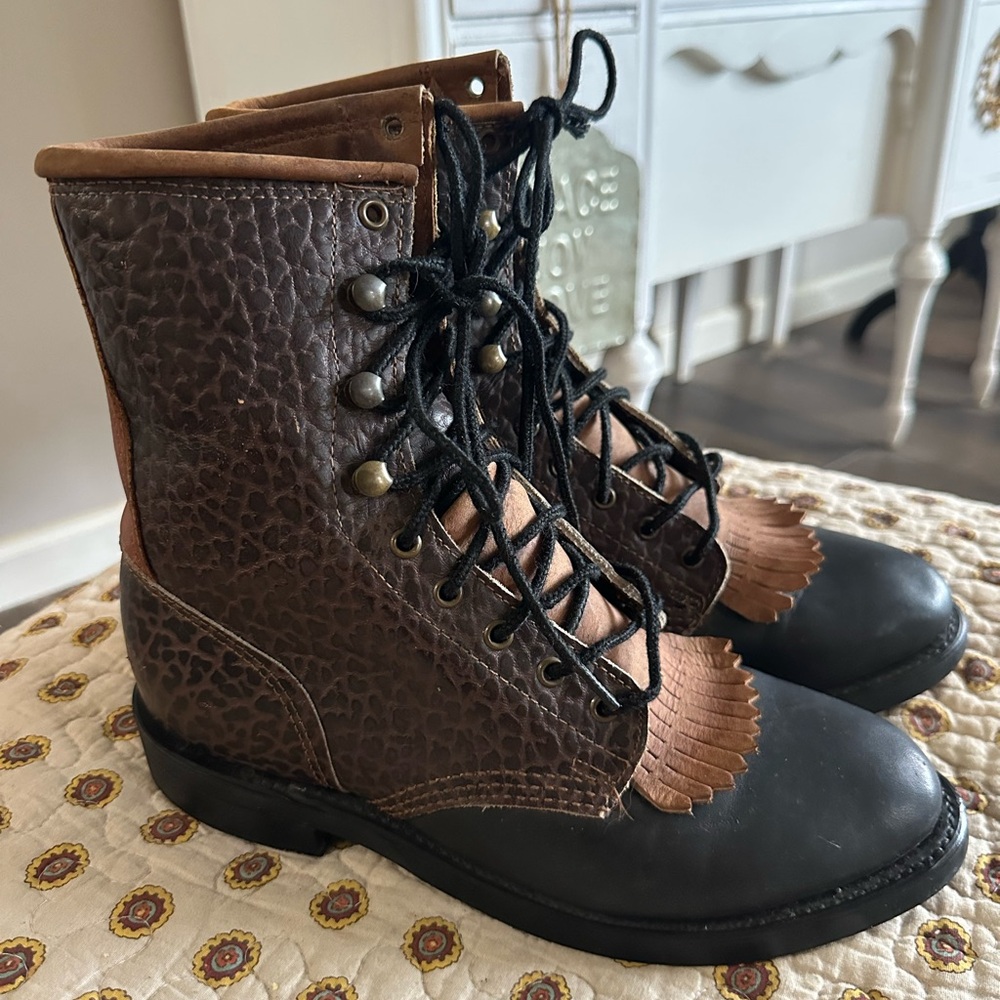 Vintage Unbranded Riding Lace Up Packer Boot With Kiltie Tongue Size 8.5